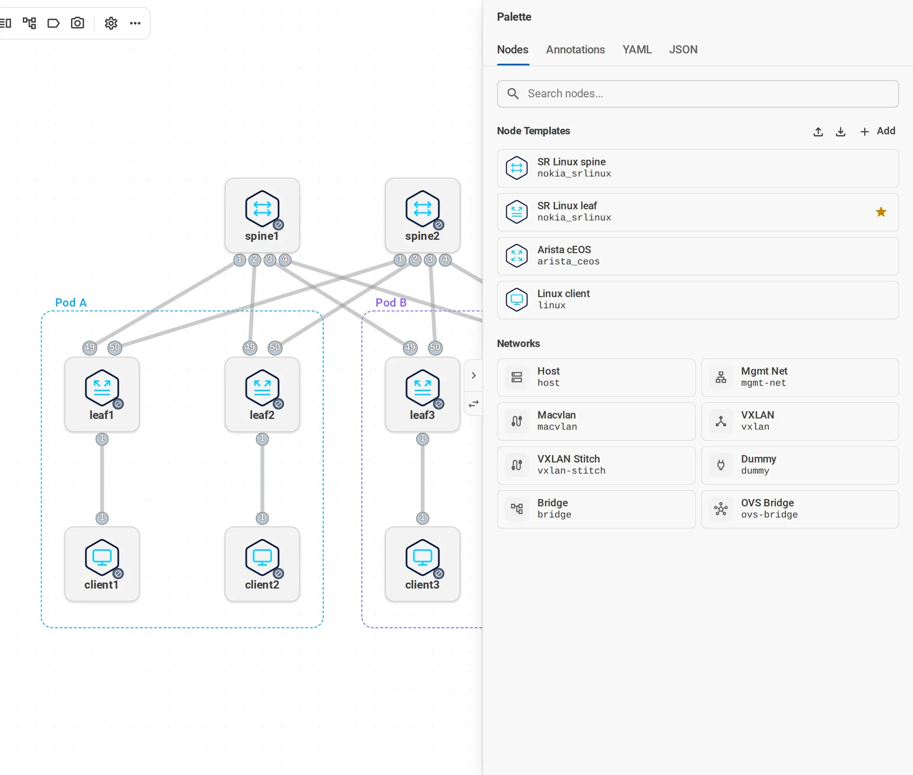 The palette with node templates