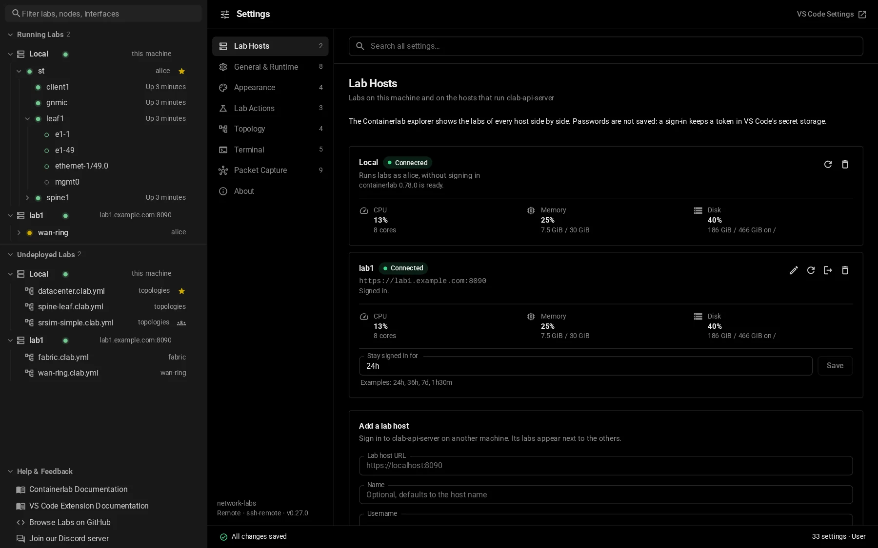 Lab hosts next to Local in the explorer, and the Lab Hosts page