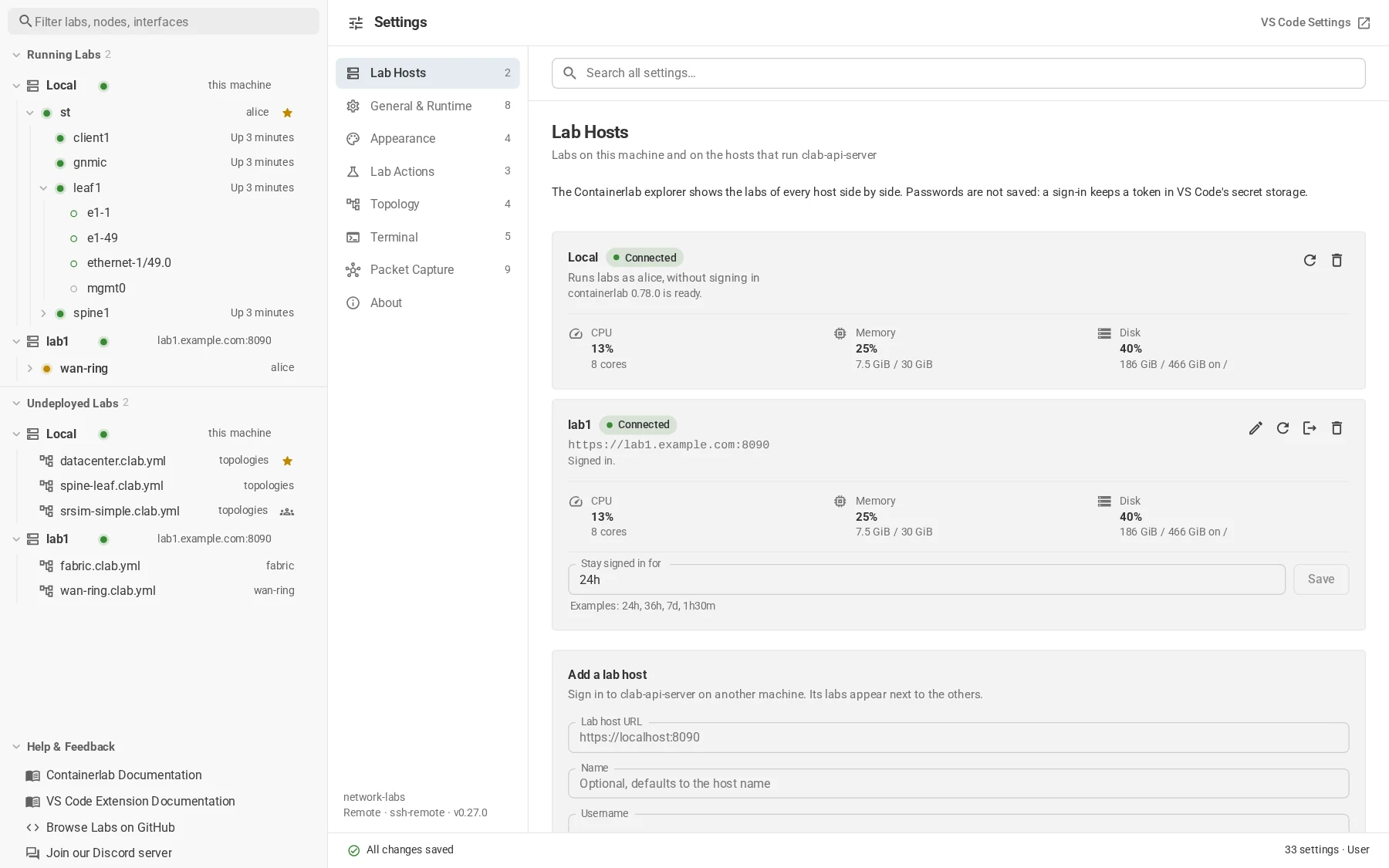 Lab hosts next to Local in the explorer, and the Lab Hosts page