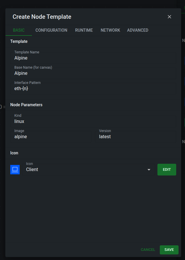 Create node template dialog