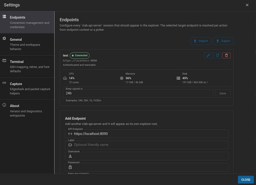 Containerlab Web GUI endpoint settings
