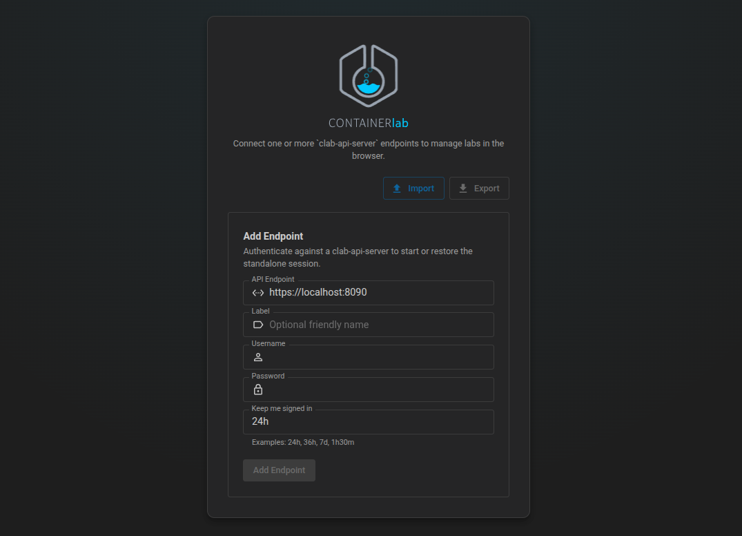 Containerlab Web GUI initial endpoint screen